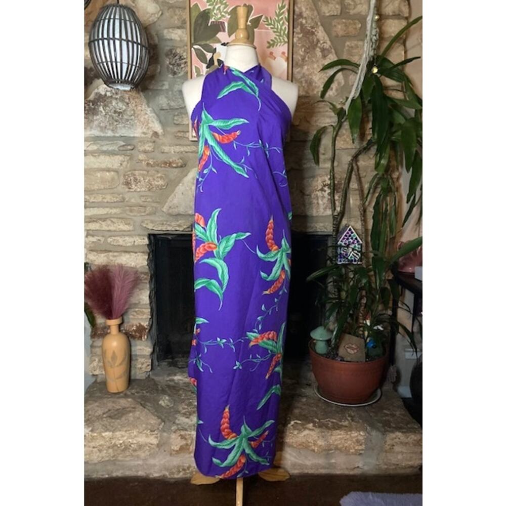 Vintage 80s Hilo Hattie's Purple Tropical Floral Convertible Sarong Halter Dress